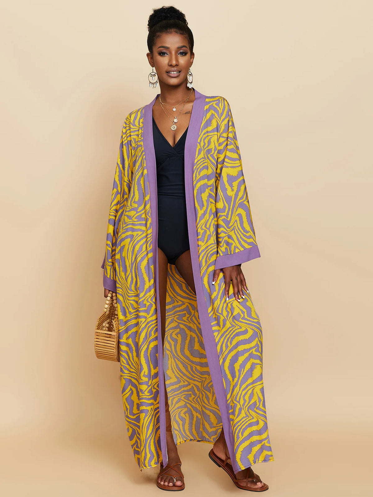 Cache-Maillot Robe Plage Kaftan – Manches Longues, Taille Unique, Style Bohème Été