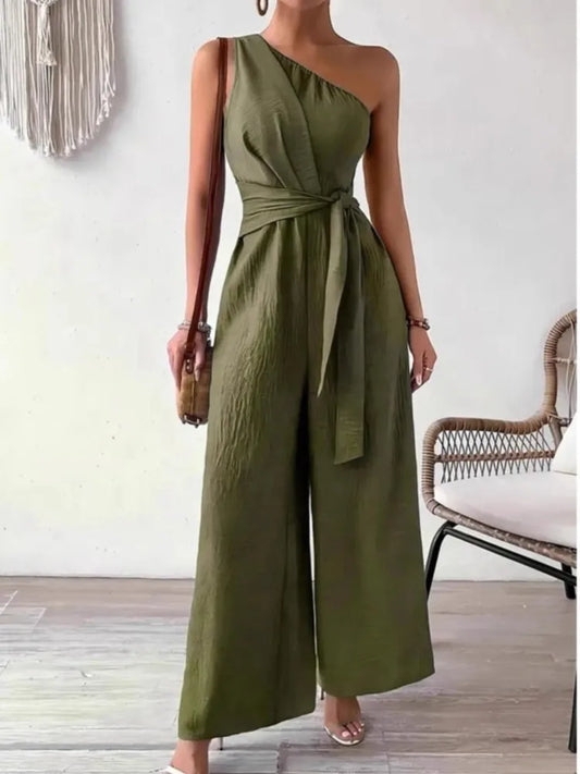 Combinaison Femme – Sans Manches, Col Asymétrique, Laçage, Jambes Larges, Taille Haute