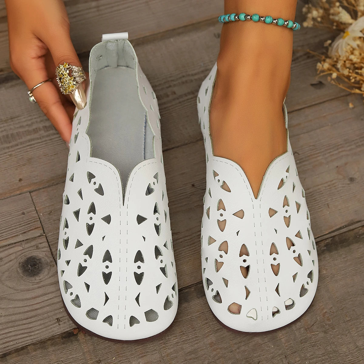 Chaussures Plates Femme en Cuir PU – Bout Pointu Ajouré, Style Mary Janes Élégant