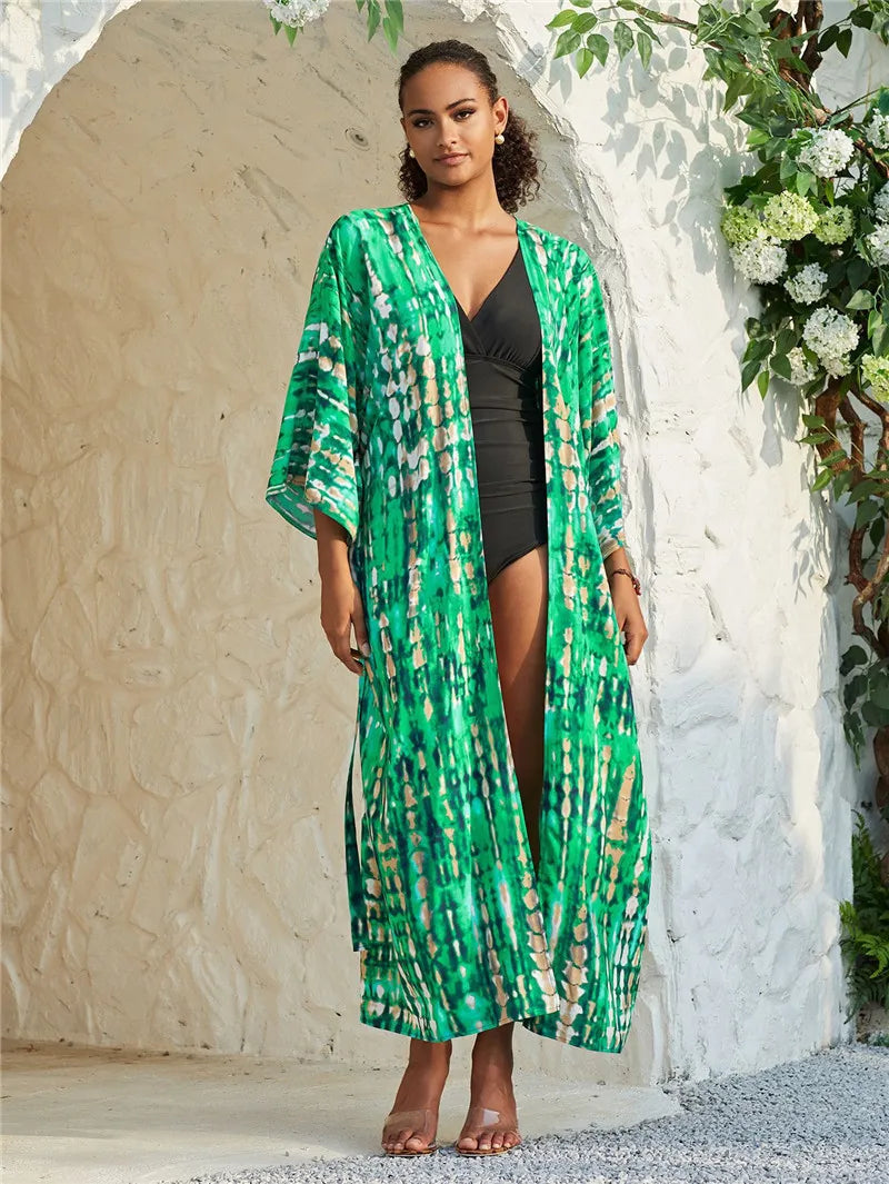 Women's Tie-Dye Long Kimono Cover-Up – Open Front, Rayon, One Size, Beach Style