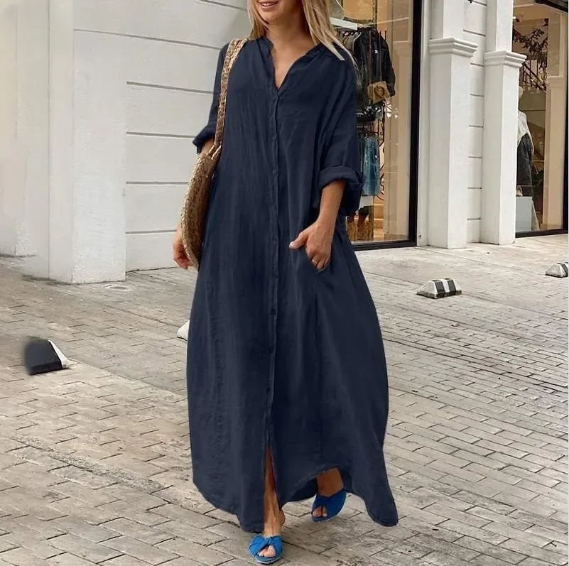 Robe Longue Femme – Coton Lin, Col Rabattu, Manches 3/4, Coupe Ample Oversize, Poches