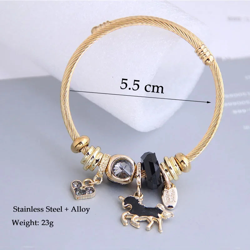 Bracelet Charm Cœur & Cheval – Acier Inoxydable Doré, Cristal, Pour Femme
