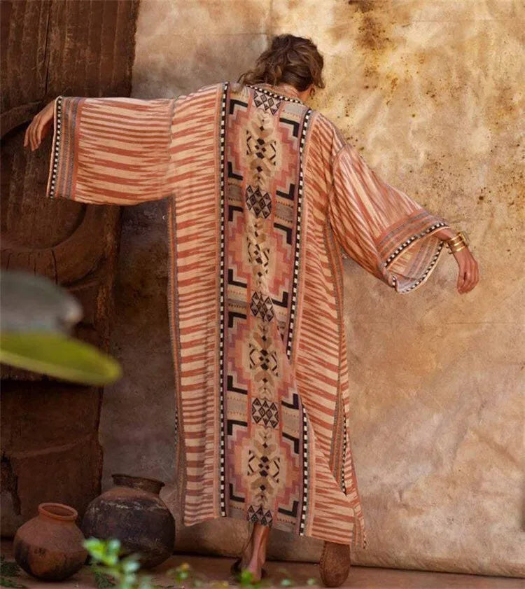 Cache-Maillot Robe Plage Kaftan – Manches Longues, Taille Unique, Style Bohème Été