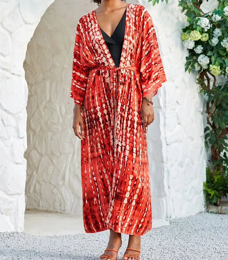 Women's Tie-Dye Long Kimono Cover-Up – Open Front, Rayon, One Size, Beach Style