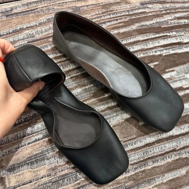 Women's genuine leather soft-sole ballet flats - Square-toe Mary Jane flat shoes