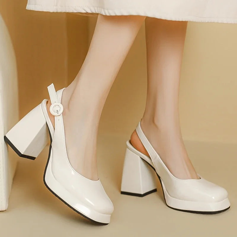 Escarpins Slingback Cuir PU avec Plateforme – Talon Carré, Style Soirée & Mariage