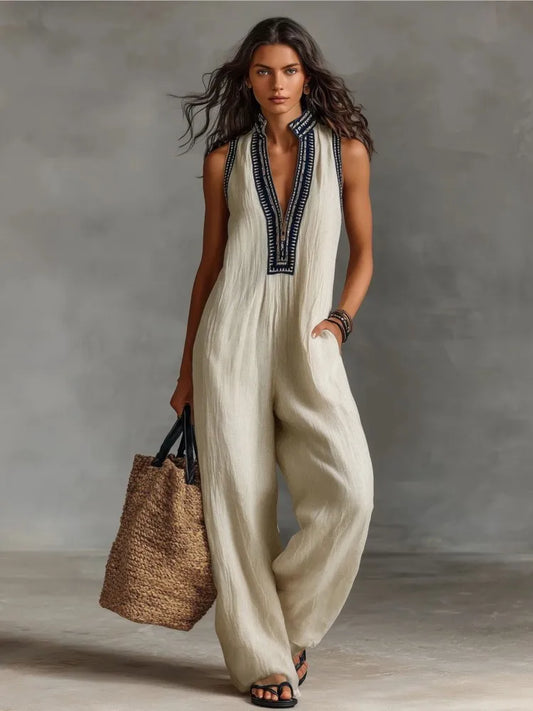 Combinaison Femme – Sans Manches, Col Montant, Coupe Ample, Poches, Jambes Larges | Style Casual Boheme