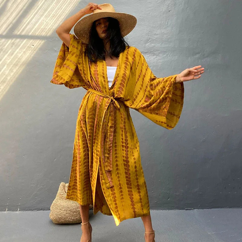 Women's Tie-Dye Long Kimono Cover-Up – Open Front, Rayon, One Size, Beach Style