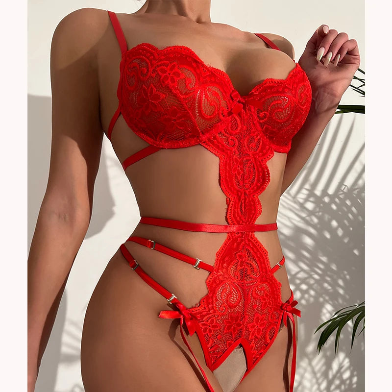Lace Cut-Out Lingerie Bodysuit – Sheer Corset, Garter Belt & V-Neck