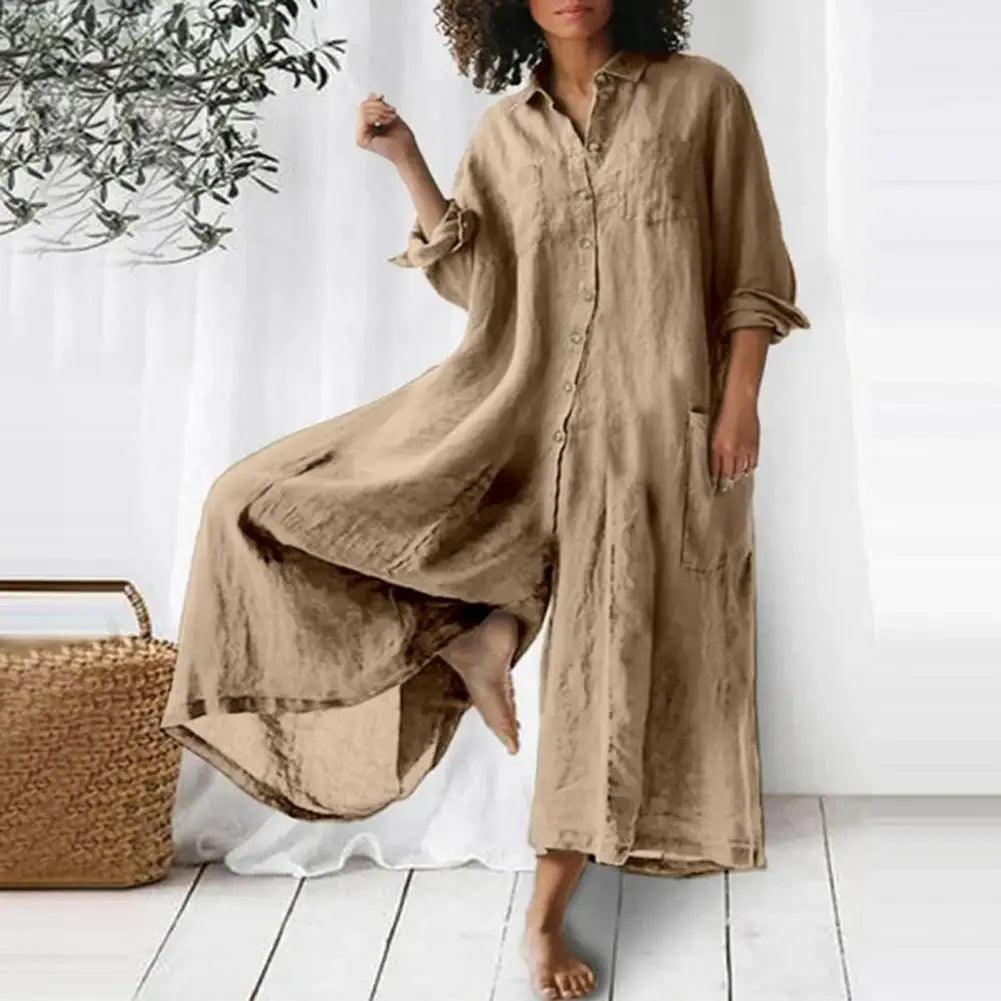 Plus Size Women's Jumpsuit – Linen Cotton, Turn-Down Collar, Wide Leg, Vintage Casual Style