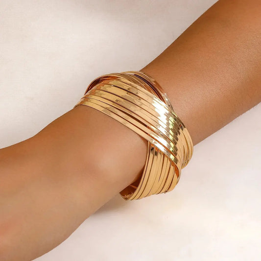 Bracelet Manchette Géométrique Vintage – Large, Couleur Or & Argent, Pour Femme