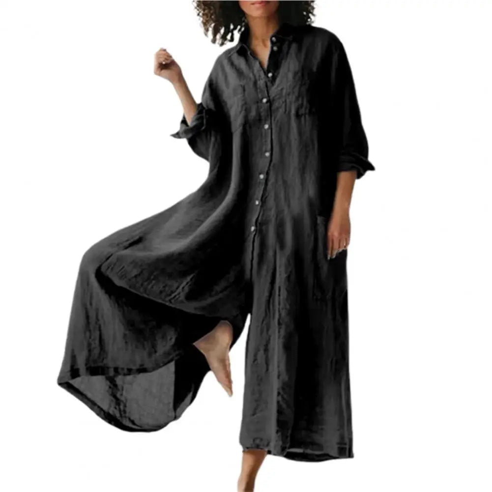 Plus Size Women's Jumpsuit – Linen Cotton, Turn-Down Collar, Wide Leg, Vintage Casual Style