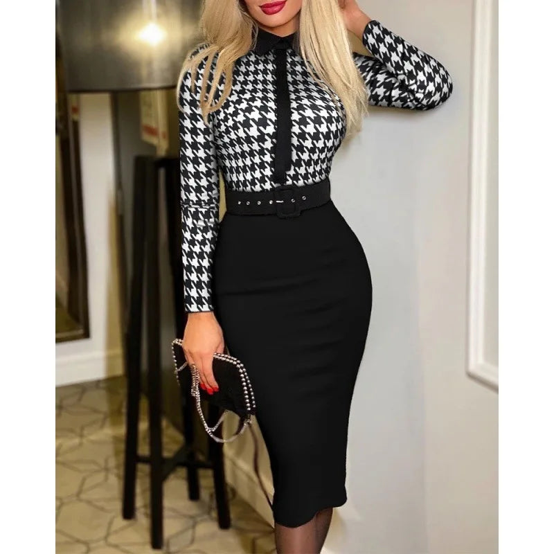 Fitted Printed Midi Dress with Belt and Structured Collar