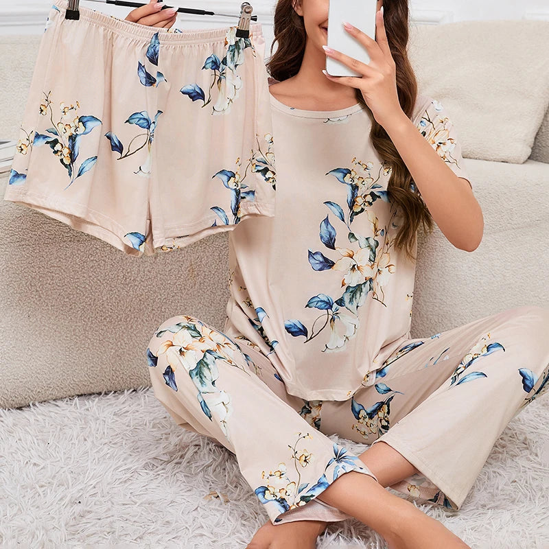 Ensemble Pyjama Femme 3 Pièces – Haut Col Rond Manches Courtes, Short & Pantalon, Imprimé Décontracté