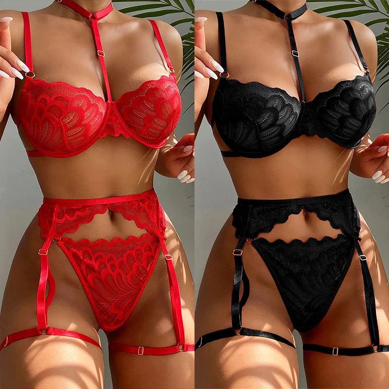 Ensemble Lingerie Sexy – Soutien-Gorge Transparent, Porte-Jarretelles Dentelle & Col V Licou