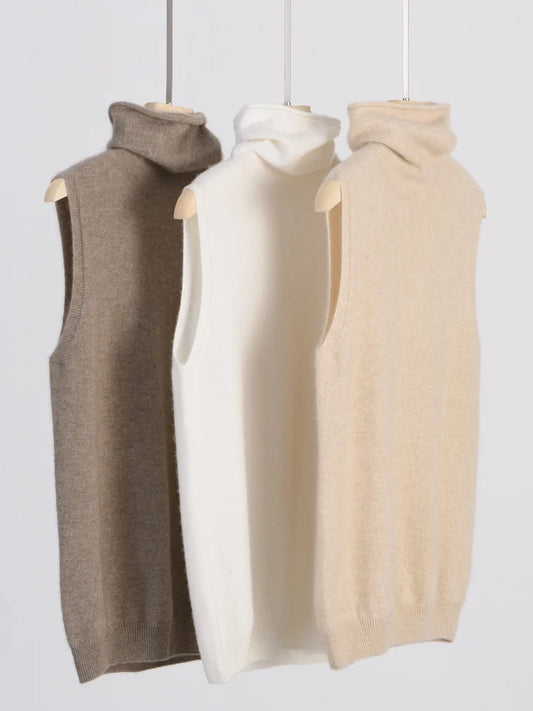 Pull Sans Manches à Col Roulé en Laine Mérinos