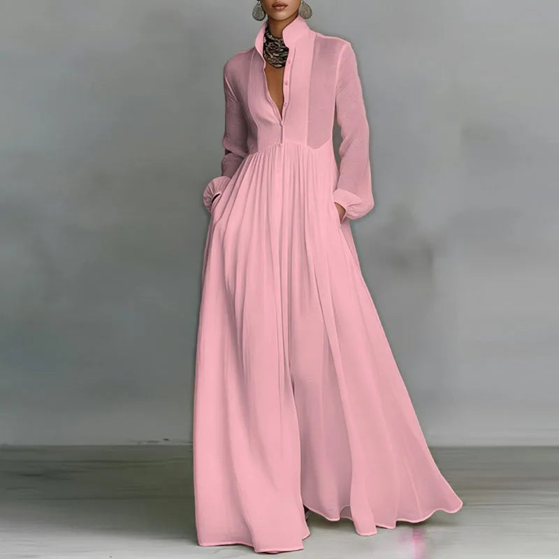 Robe Maxi Femme – Col Rond, Manches Lanterne, Taille Empire, Poches, Plissée | Style Élégant