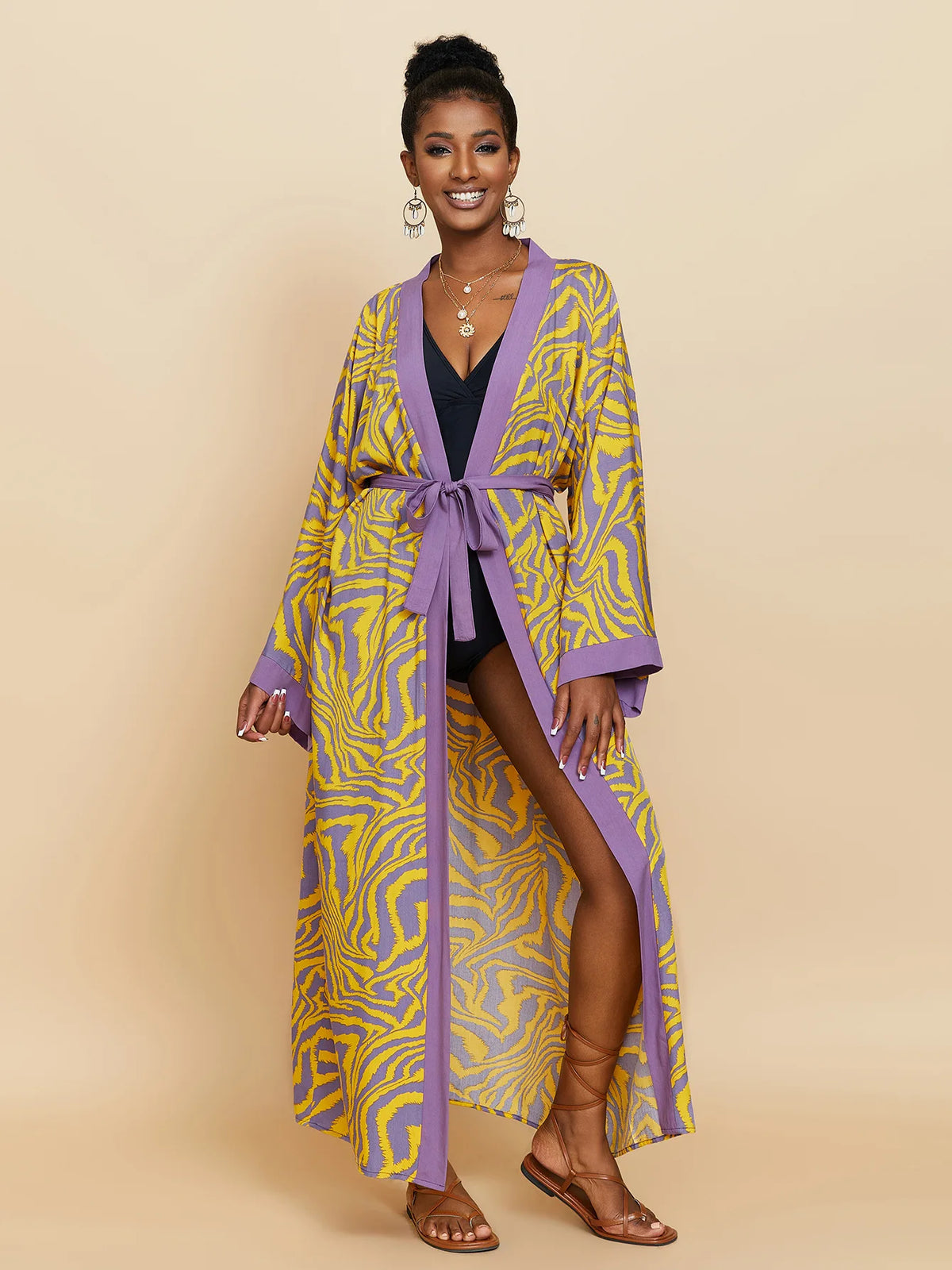 Cache-Maillot Robe Plage Kaftan – Manches Longues, Taille Unique, Style Bohème Été