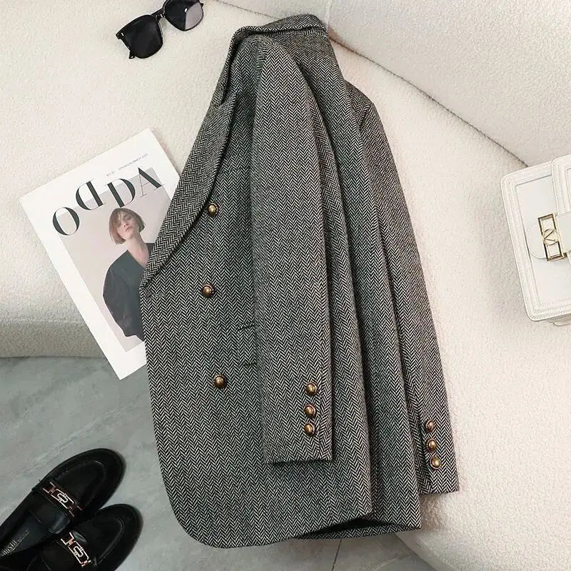 Blazer Long à Chevrons et Boutons