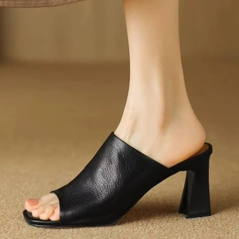 Women's Faux Leather Mules – High Block Heel, Open Toe, Chic Evening Style