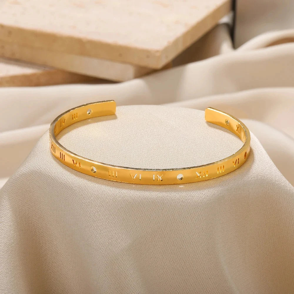 Bracelet Jonc Classique Texturé – Acier Inoxydable Doré, Ouvert, Pour Femme