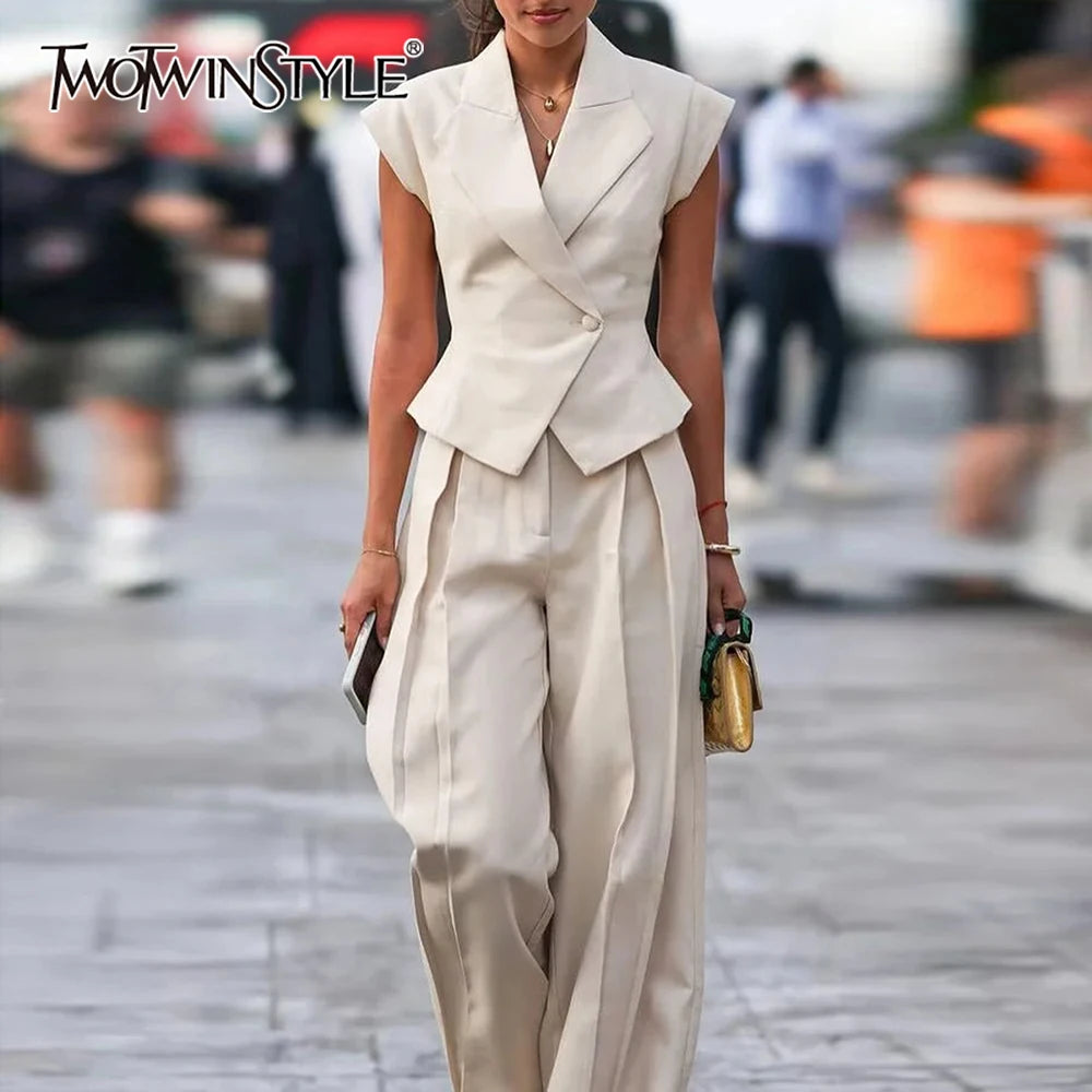 Ensemble 2 Pièces – Top Croisé et Pantalon Large à Taille Haute