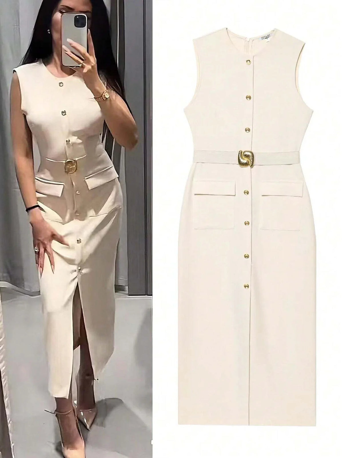 Robe Longue Femme – Col Halter, Taille Cinée, Coupe Crayon, Uni