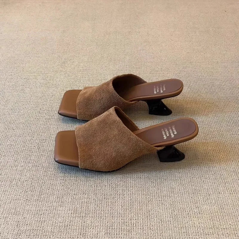 Women's Faux Suede Mules – Square Toe, Unique Block Heel, Elegant Office Style