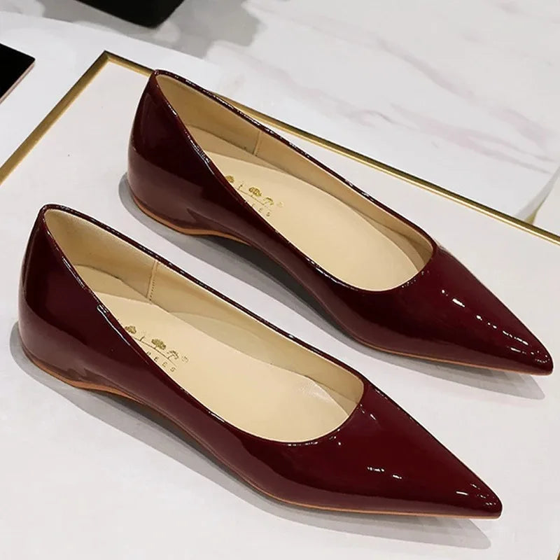 Chaussures Plates Femme en Cuir PU Verni – Bout Pointu Élégant, Style Français Chic