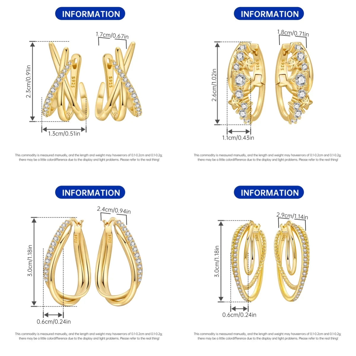 18K Gold Plated 925 Sterling Silver Hoop Earrings – Zircon, Multiple Styles