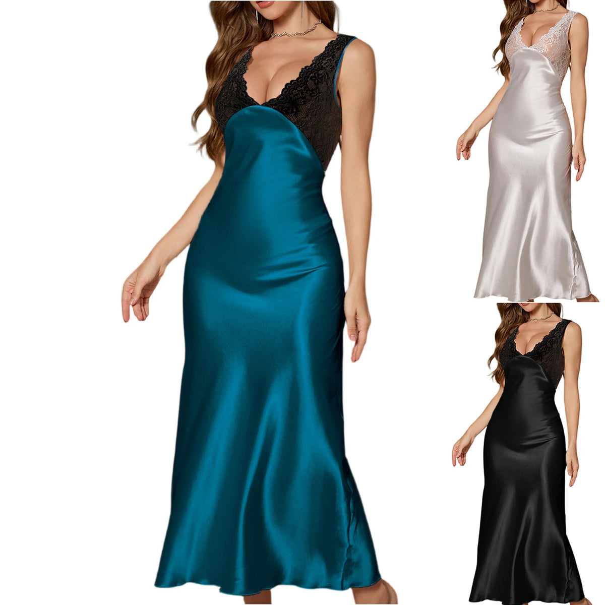 Nuisette Longue Femme – Bretelles Fines, Bordure Dentelle & Dos Nu, Style Élégant