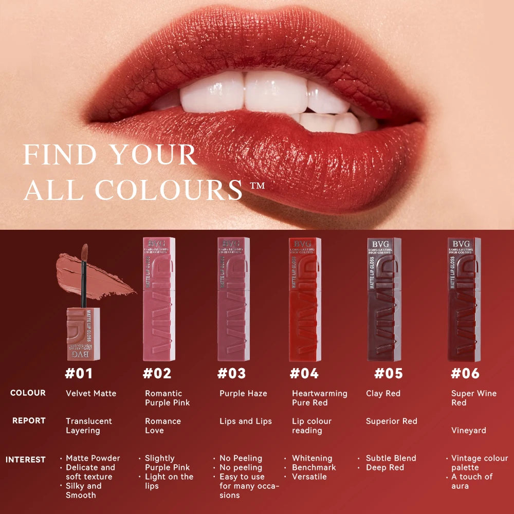 Rouge à Lèvres Liquide Mat Longue Tenue – Non Gras, Non Décolorant, Teintes Chaudes | 6 Couleurs | BVG