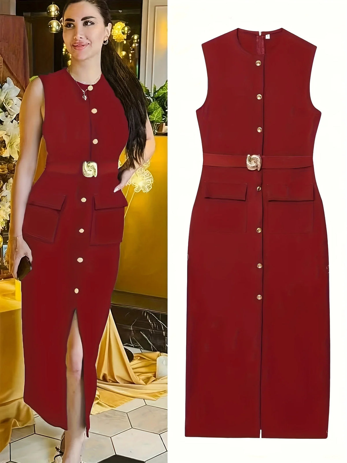 Robe Longue Femme – Col Halter, Taille Cinée, Coupe Crayon, Uni