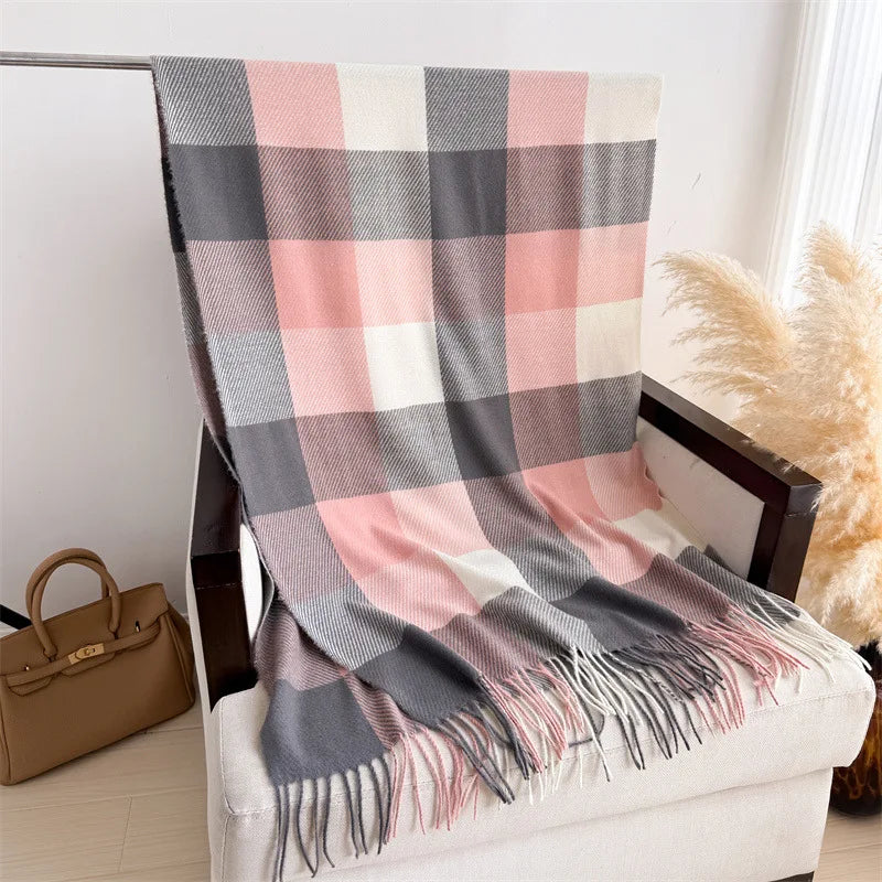 Large Check Scarf with Fringes