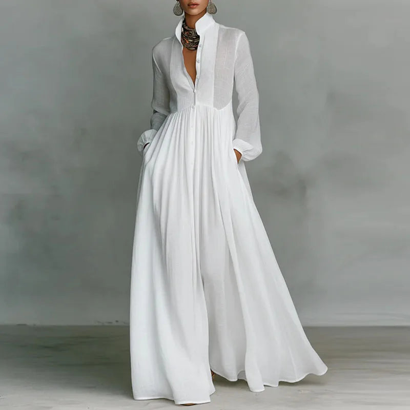 Robe Maxi Femme – Col Rond, Manches Lanterne, Taille Empire, Poches, Plissée | Style Élégant