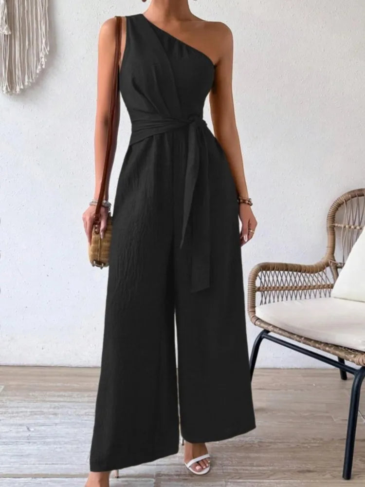 Combinaison Femme – Sans Manches, Col Asymétrique, Laçage, Jambes Larges, Taille Haute