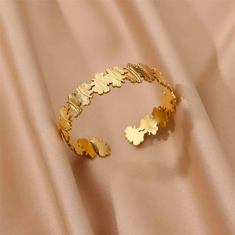Vintage Floral Cuff Bracelet – Gold Stainless Steel, Botanical Pattern, Aesthetic, For Women