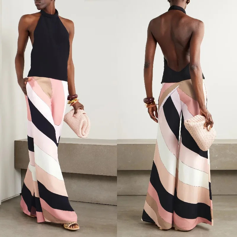 Combinaison Femme – Imprimée, Col Licou, Dos Nu, Jambes Larges, Style Plage & Soirée