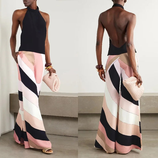 Women's Jumpsuit – Printed, Halter Neck, Backless, Wide Leg, Beach & Evening Style