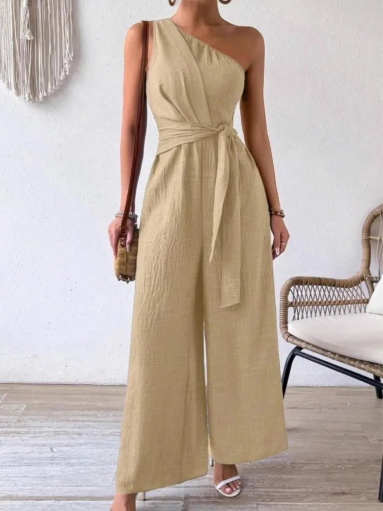 Combinaison Femme – Sans Manches, Col Asymétrique, Laçage, Jambes Larges, Taille Haute