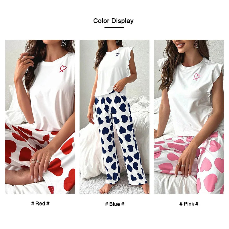 Women's 2-Piece Pajama Set – Heart & Letter Print, Short-Sleeve Top & Long Pants