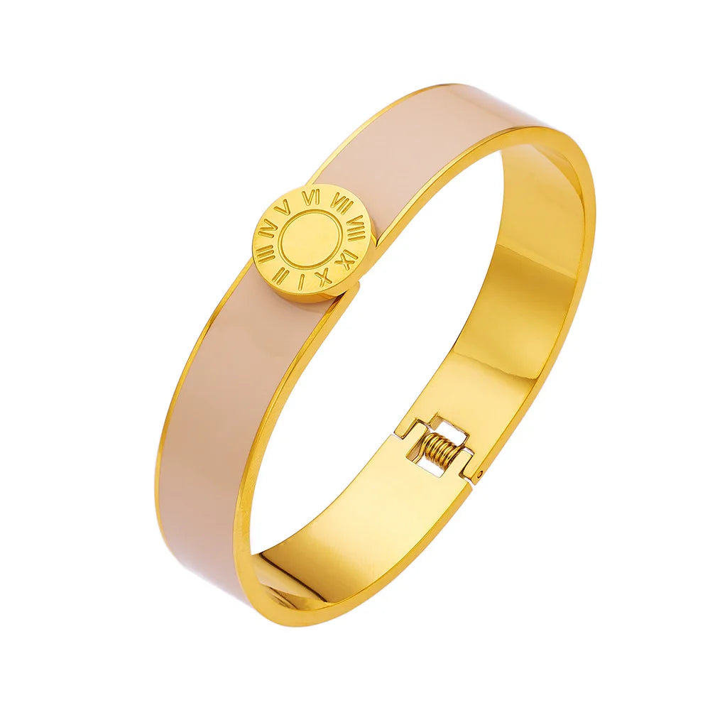 Bracelet Luxe Chiffres Romains – Acier Titane Plaqué Or 18K, Impérméable, Pour Femme