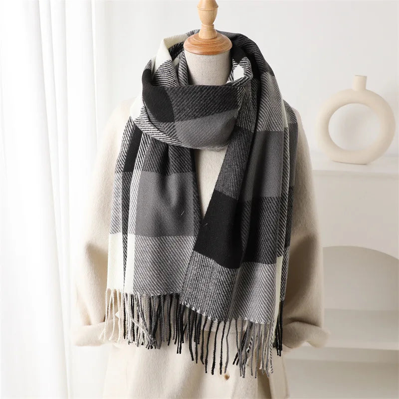 Large Check Scarf with Fringes