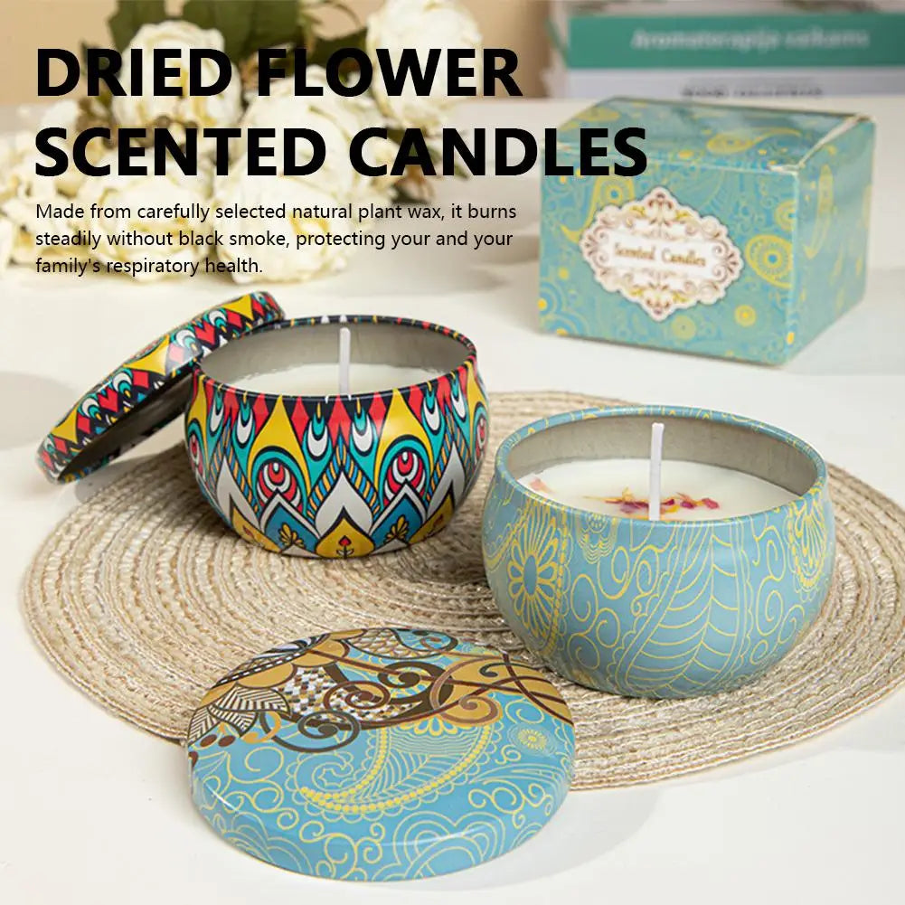 Bougie Parfumée Fleurs Séchées en Cire de Soja – Boîte Rétro, Sans Fumée, Cadeau Anniversaire