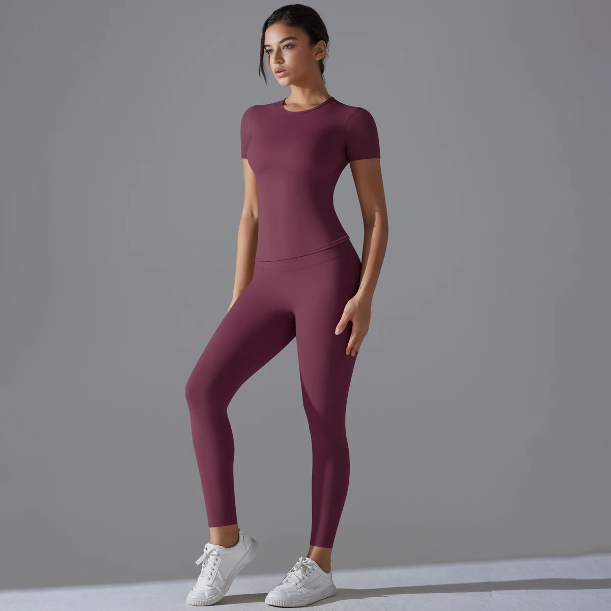 Women's 2-Piece Sport Set – Short Sleeve Crop Top & High-Waisted Leggings, Yoga & Fitness