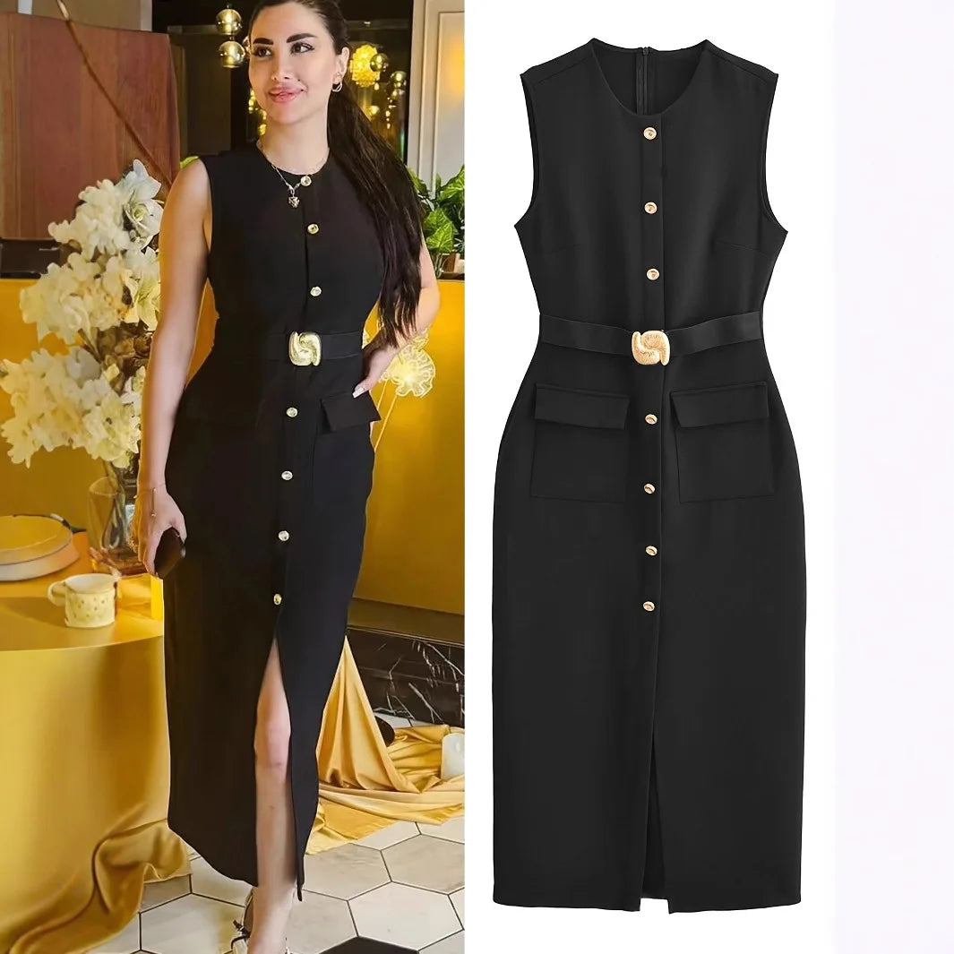 Robe Longue Femme – Col Halter, Taille Cinée, Coupe Crayon, Uni