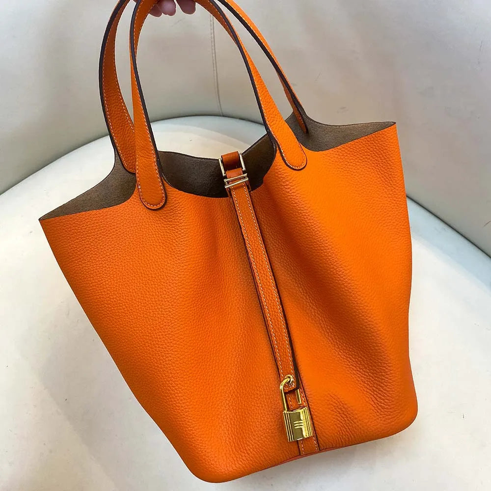 Gold genuine leather bucket bag for women - Large luxury designer tote