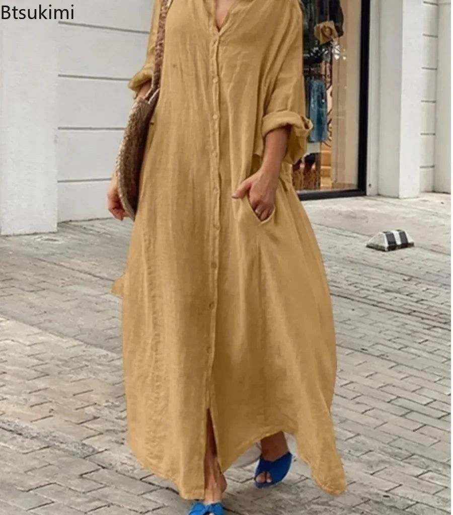 Robe Longue Femme – Coton Lin, Col Rabattu, Manches 3/4, Coupe Ample Oversize, Poches