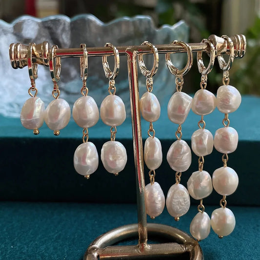 Boucles d'Oreilles Pendantes Perle Baroque Naturelle – Acier Inoxydable Plaqué Or, Longues Franges, Style Coréen
