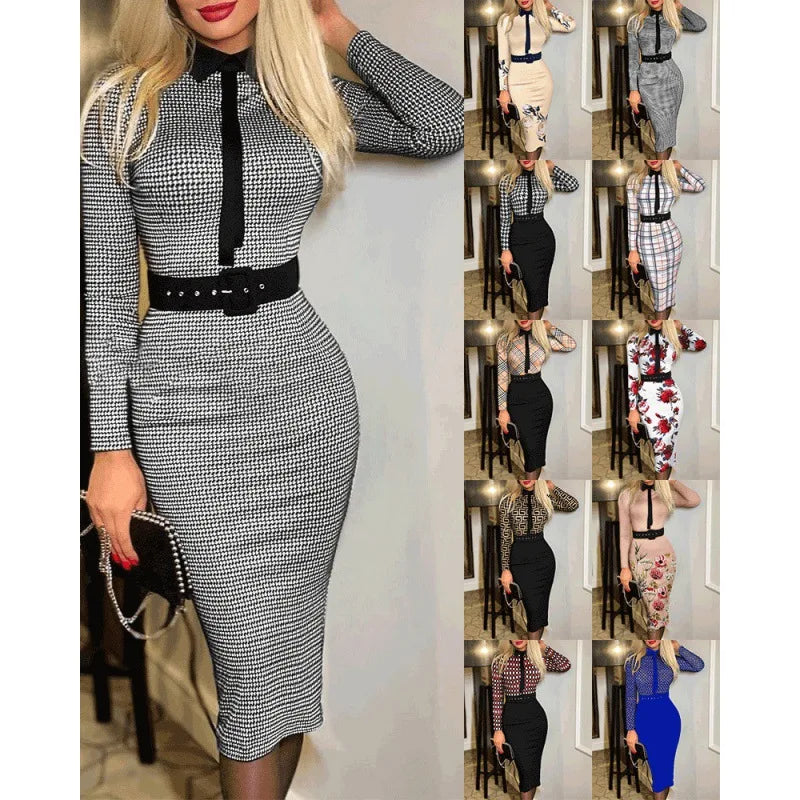 Fitted Printed Midi Dress with Belt and Structured Collar